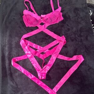 Victoria's Secret Vibrant Pink Strappy Lace Bra Set
